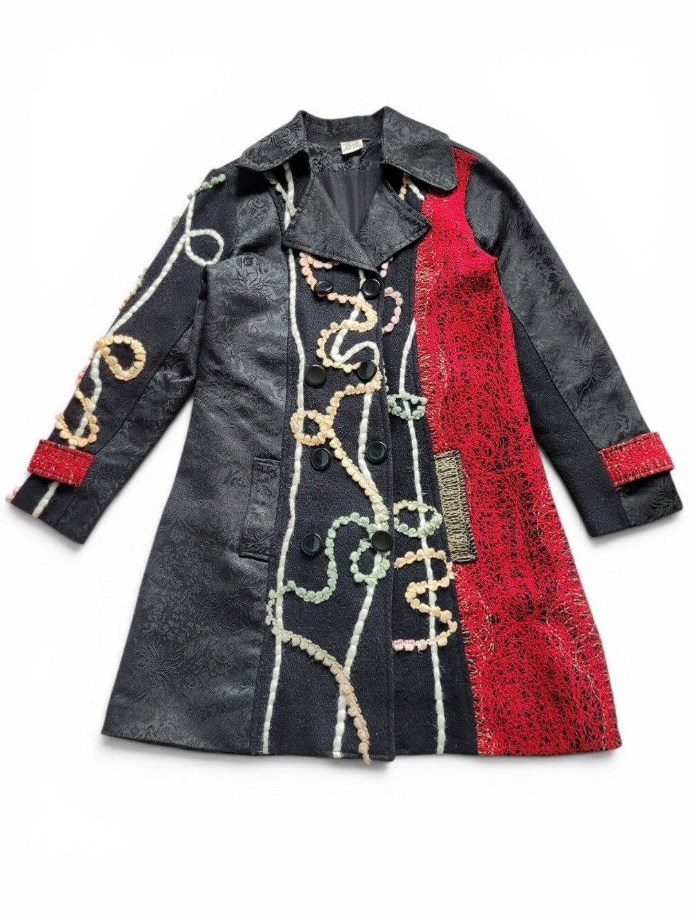 Vintage Parsley & Sage Embroidered Patchwork Pea Coat Wool Blend Small